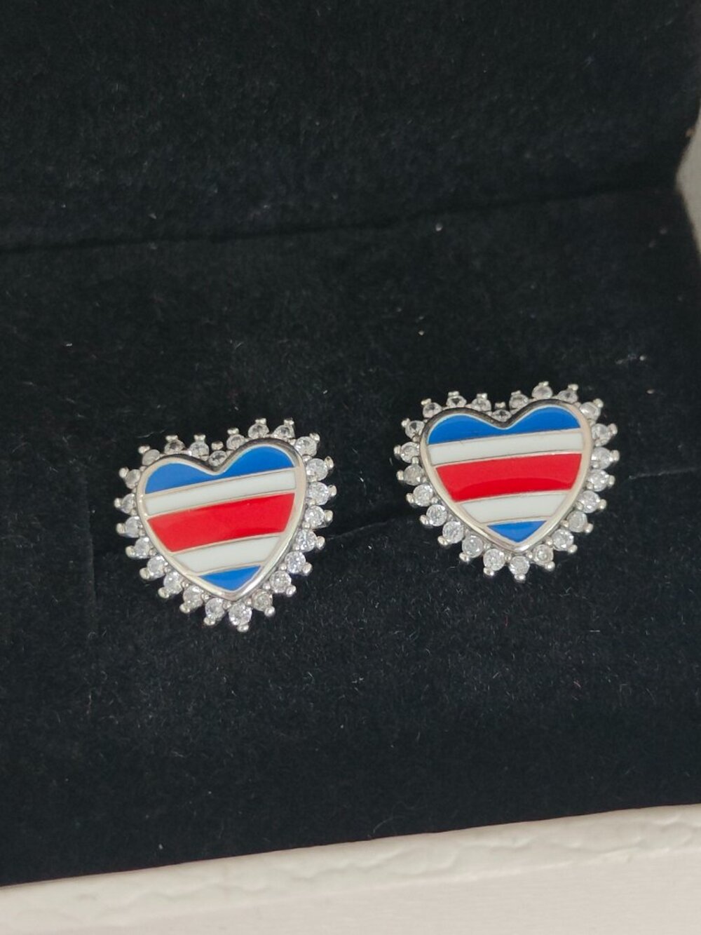 Costa Rica Horizontal Stripe Flag Lace Heart Stud Earrings S925 Silver with box